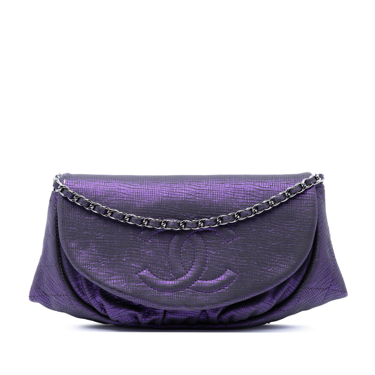 Chanel CC Metallic Crackling Lizard Printed Leather Half Moon Wallet on Chain