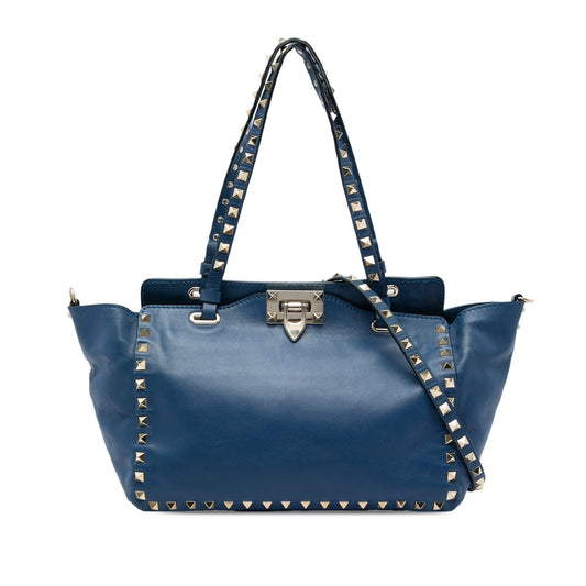Valentino Small Leather Rockstud Trapeze Satchel — Blue