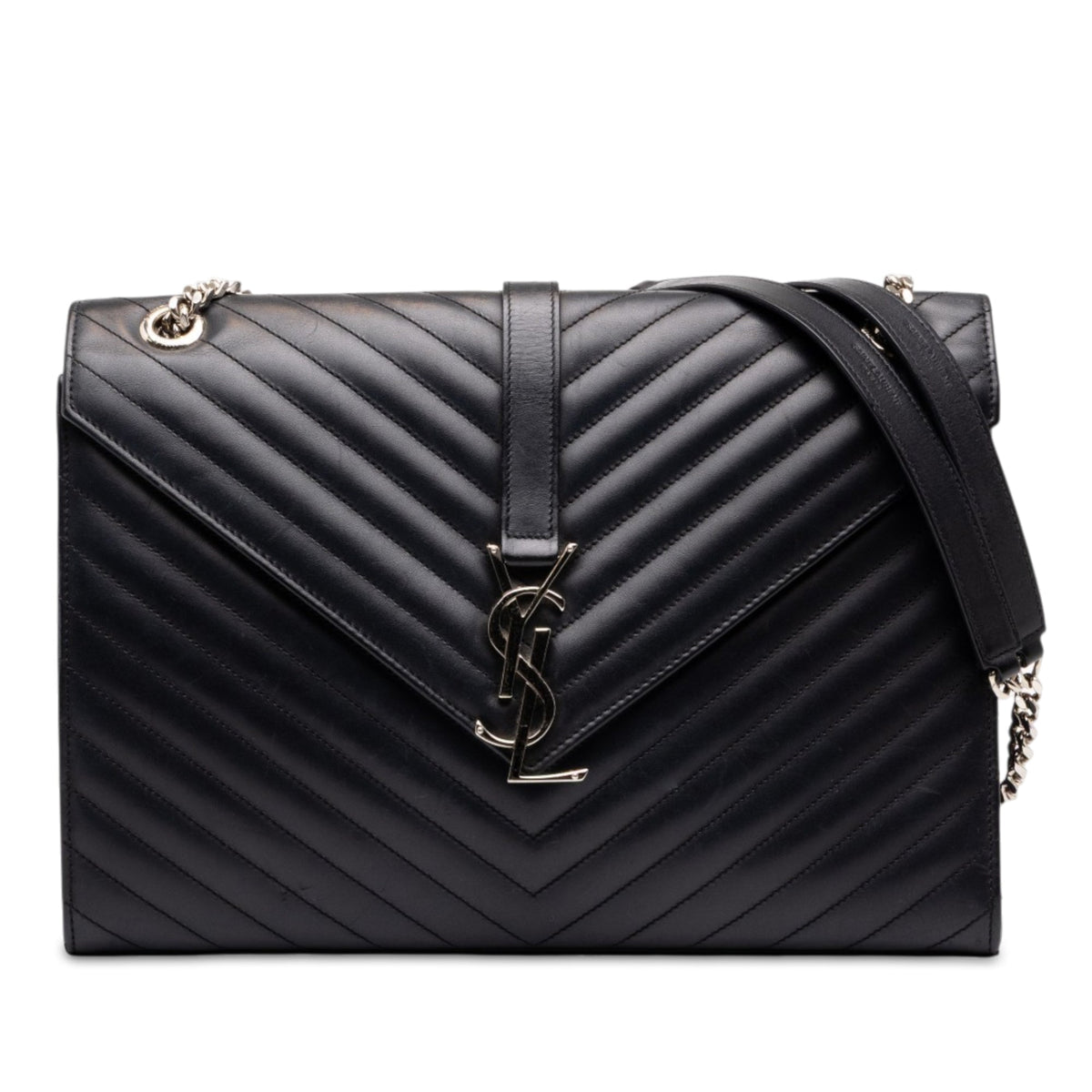 Saint Laurent Large Calfskin Chevron Monogram Envelope Bag — Black