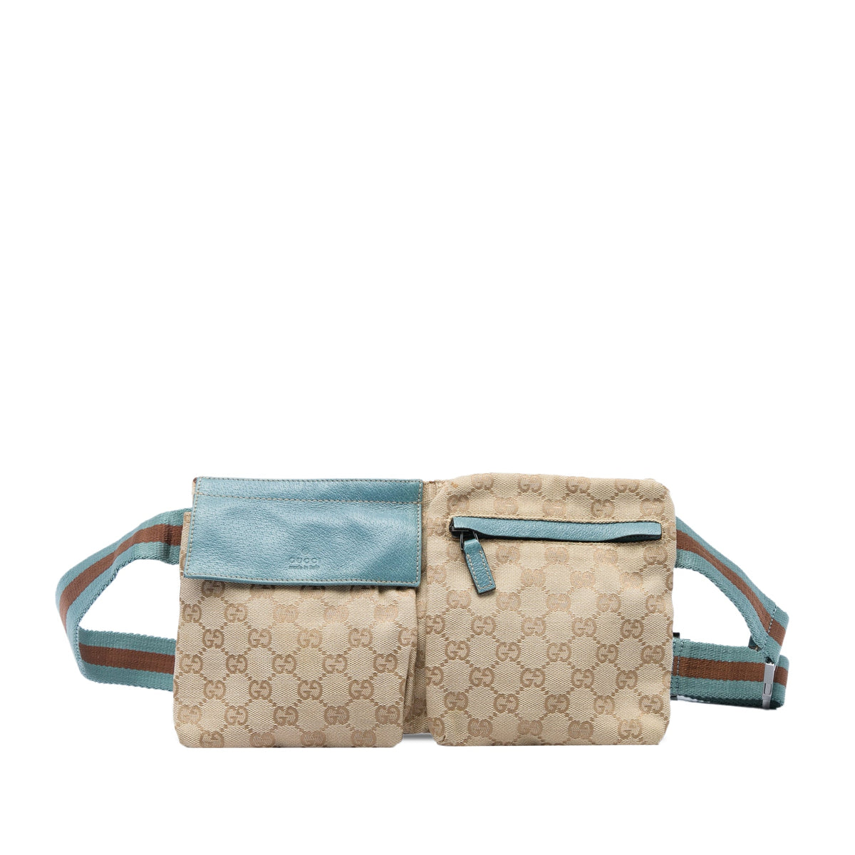 Gucci GG Canvas Web Double Pocket Belt Bag — Beige