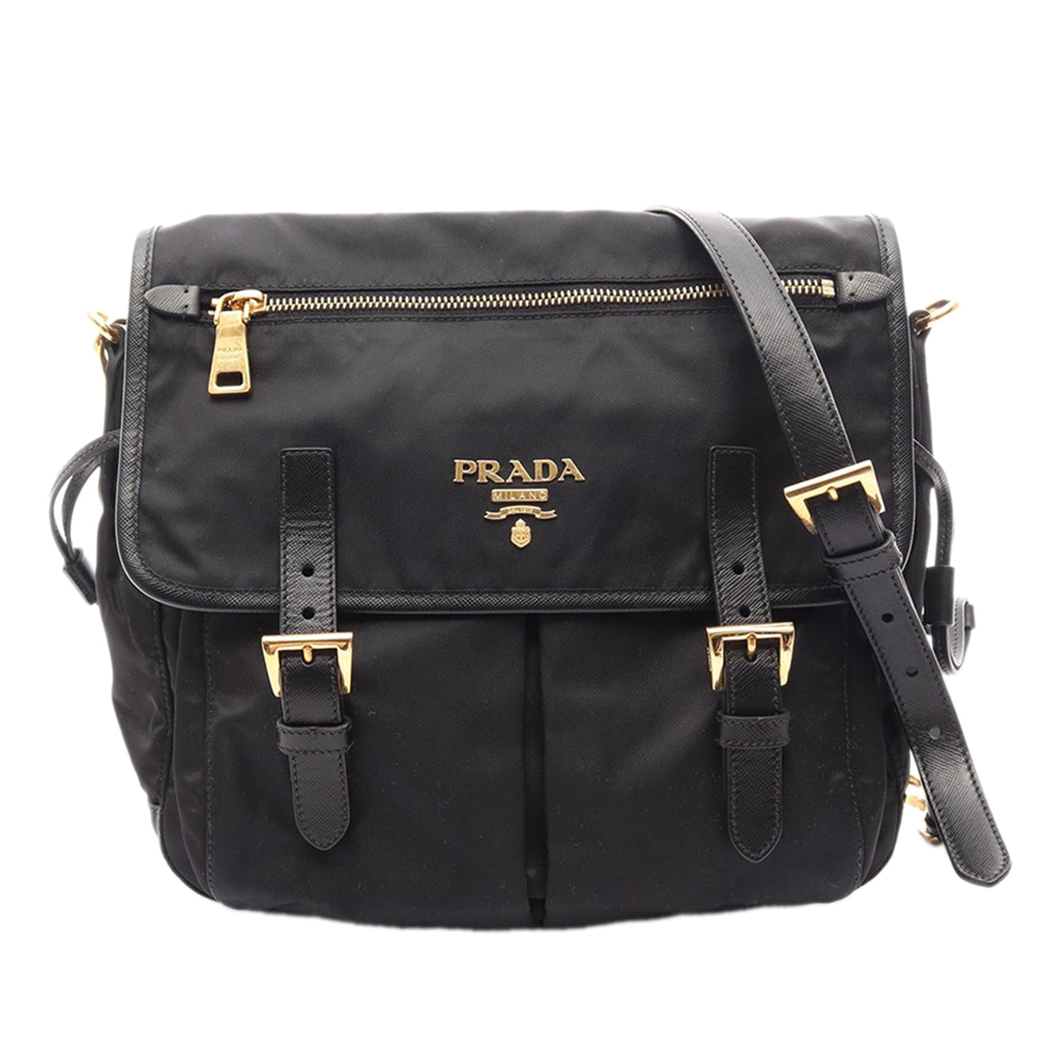 Prada Tessuto Zip Double Buckle Messenger Bag