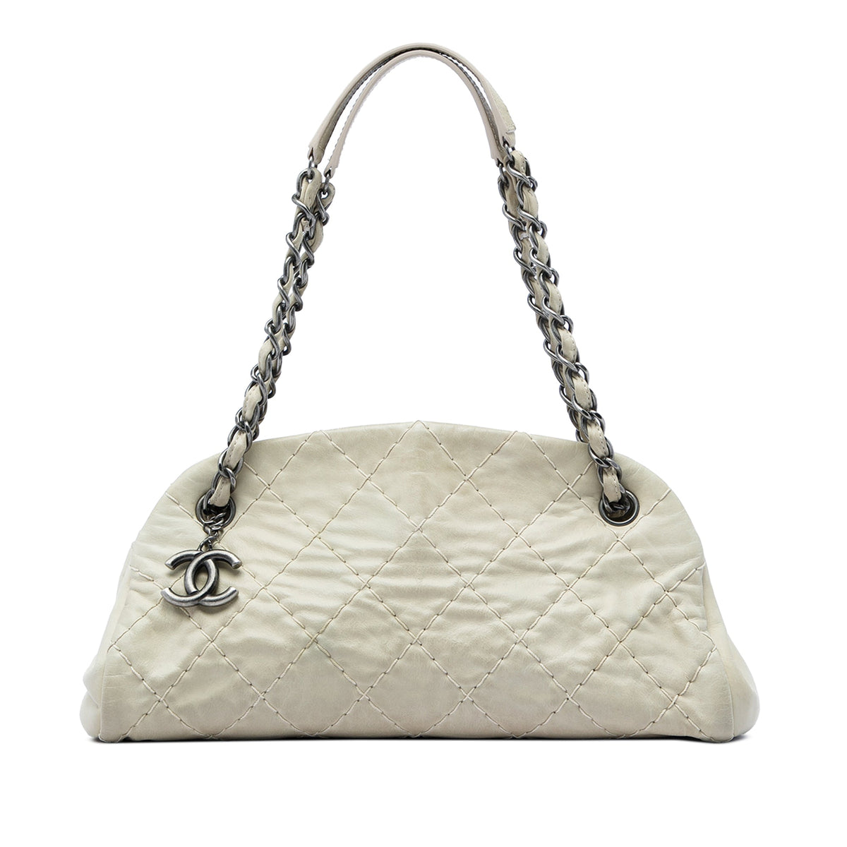 Chanel Medium Stitched Aged Calfskin Just Mademoiselle Bowling Bag — White