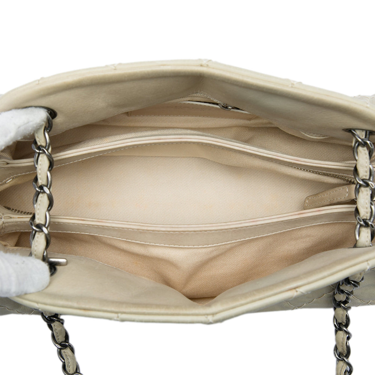 Chanel Medium Stitched Aged Calfskin Just Mademoiselle Bowling Bag — White