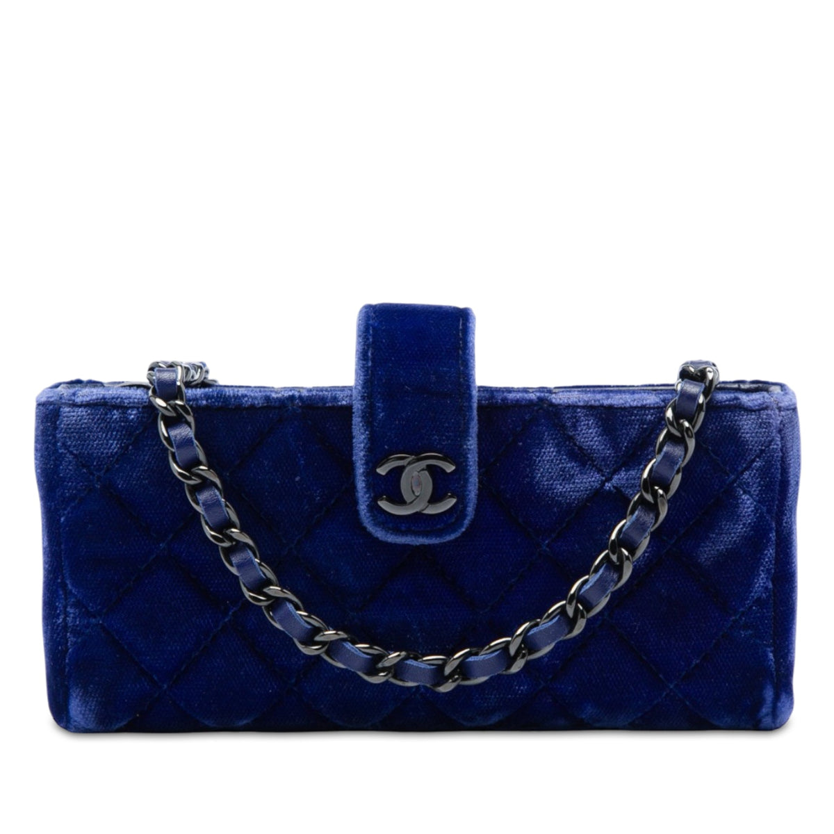 Chanel Mini CC Quilted Velvet Phone Holder with Chain — Blue