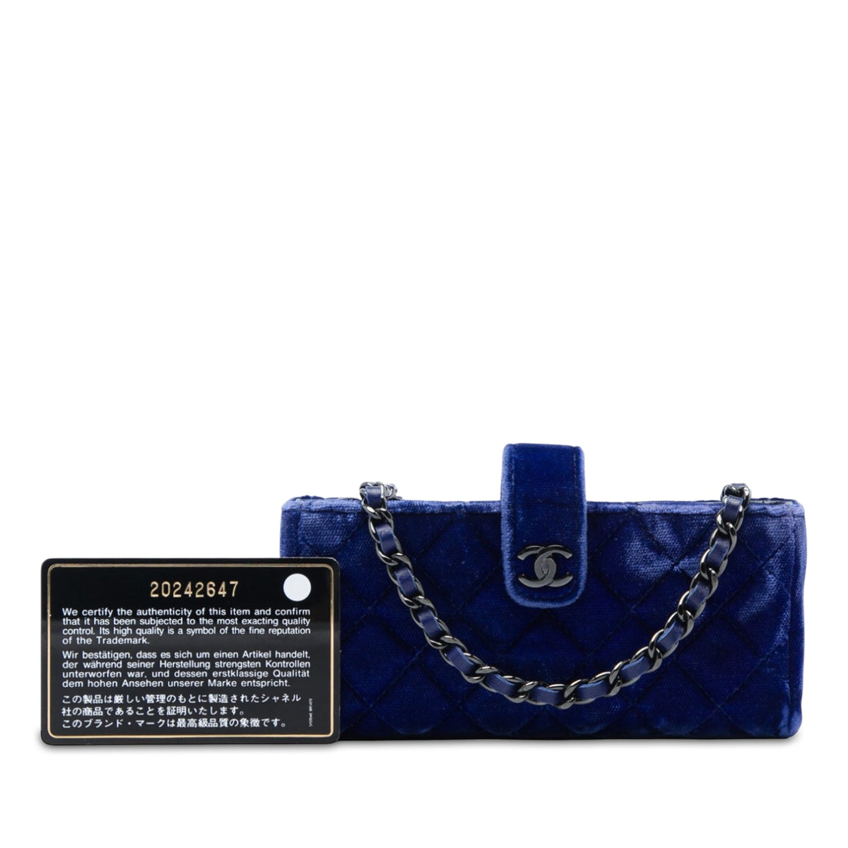 Chanel Mini CC Quilted Velvet Phone Holder with Chain — Blue