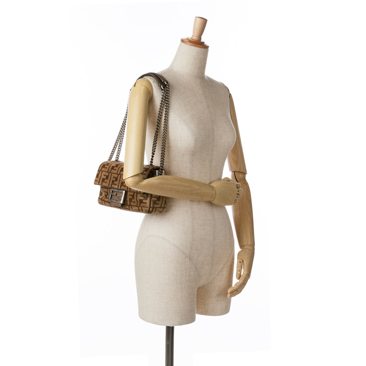 Fendi Zucca Wool Chain Midi Baguette — Brown