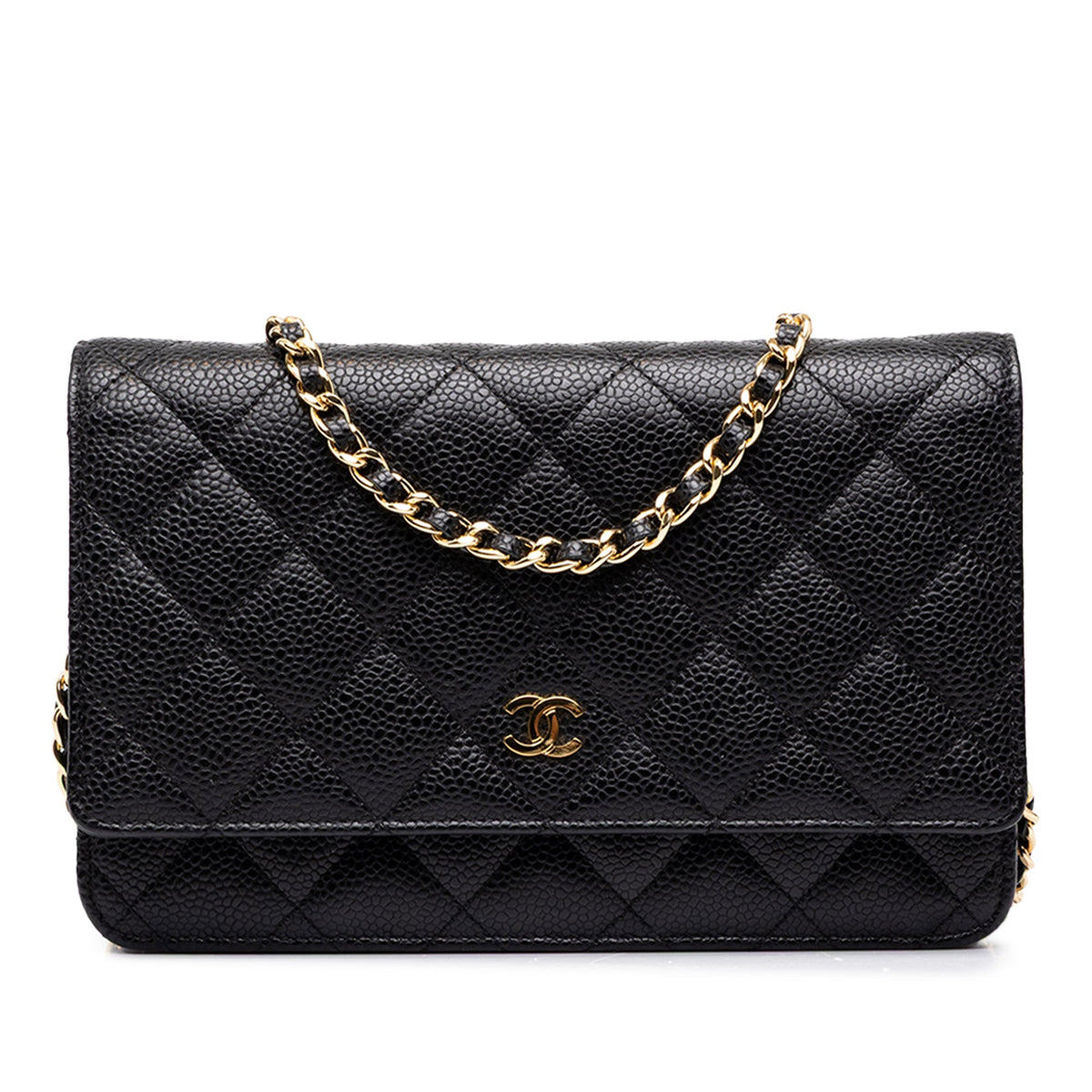 Chanel CC Quilted Caviar Wallet on Chain — Black