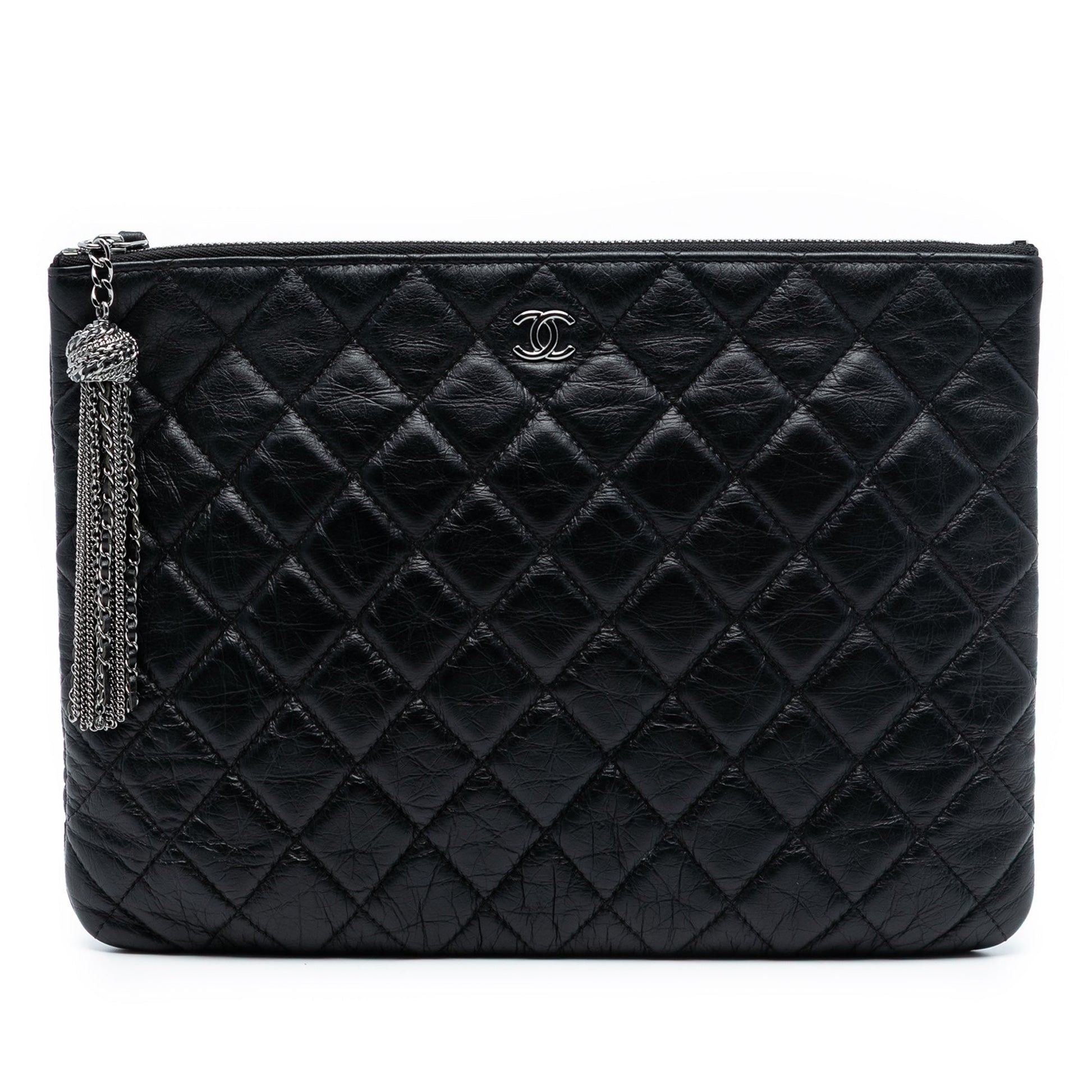 Chanel Medium Quilted Aged Calfskin Chain Tassel O Case Clutch