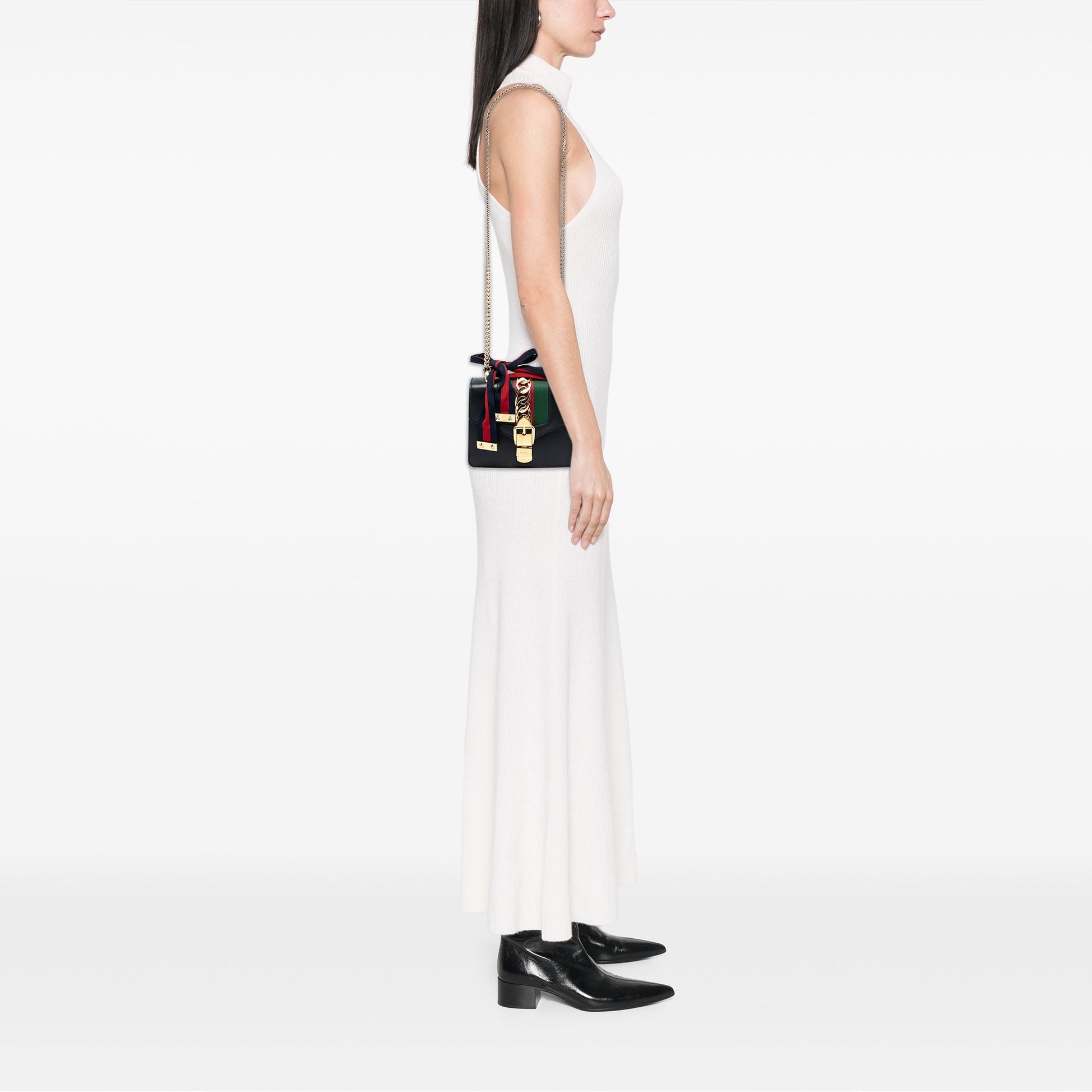 Gucci Mini Leather Web Sylvie Chain Crossbody