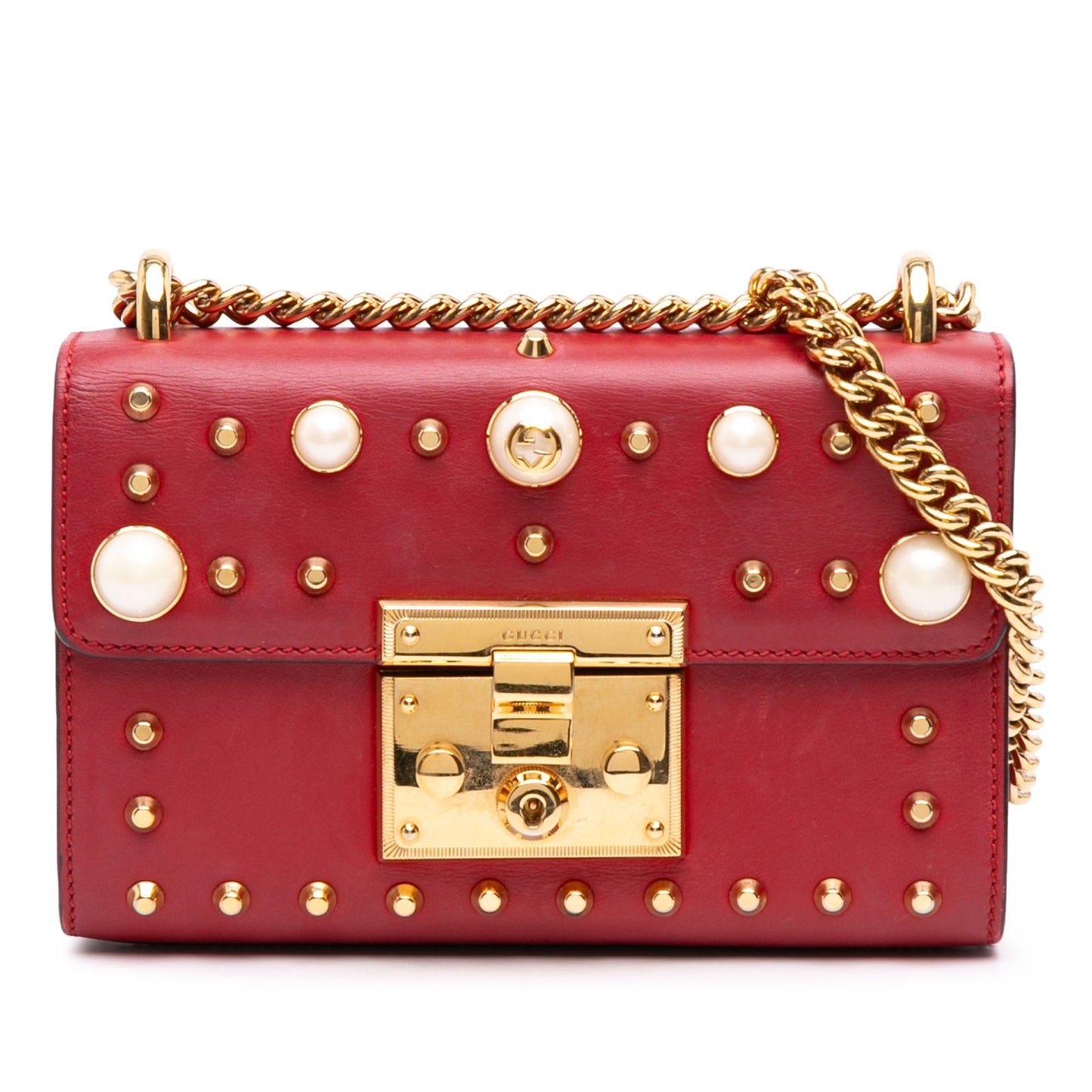 Gucci Small Pearl Studded Leather Padlock Crossbody