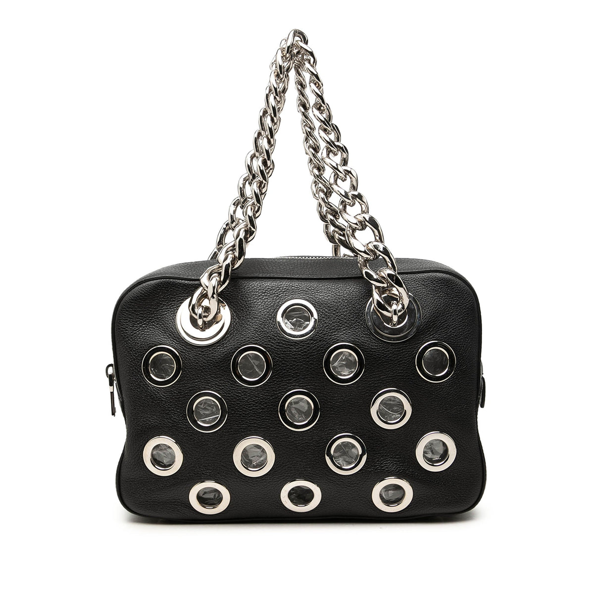 Prada Vitello Daino Grommet Chain Shoulder Bag — Black