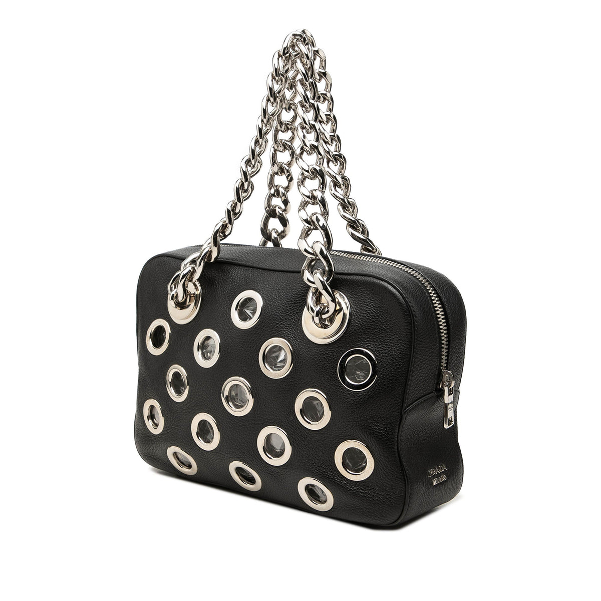 Prada Vitello Daino Grommet Chain Shoulder Bag — Black