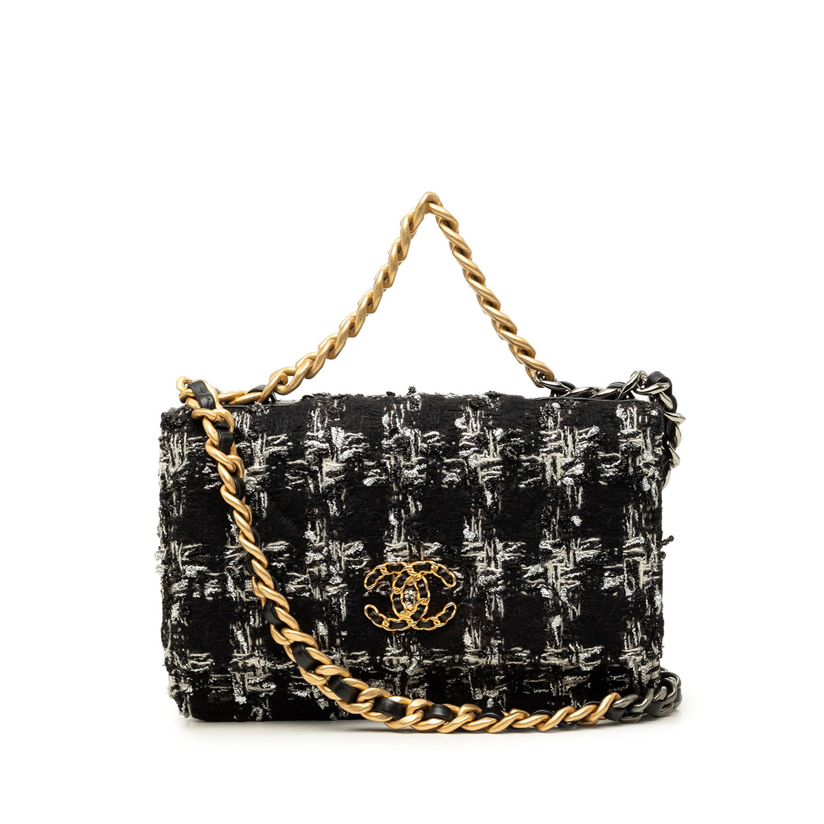 Chanel Houndstooth Tweed 19 Flap Wallet On Chain — Black