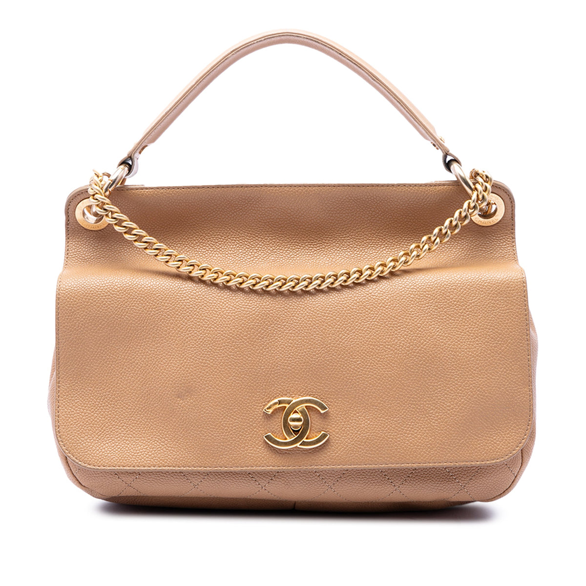 Chanel CC Stitched Caviar Turnlock Top Handle Flap — Beige