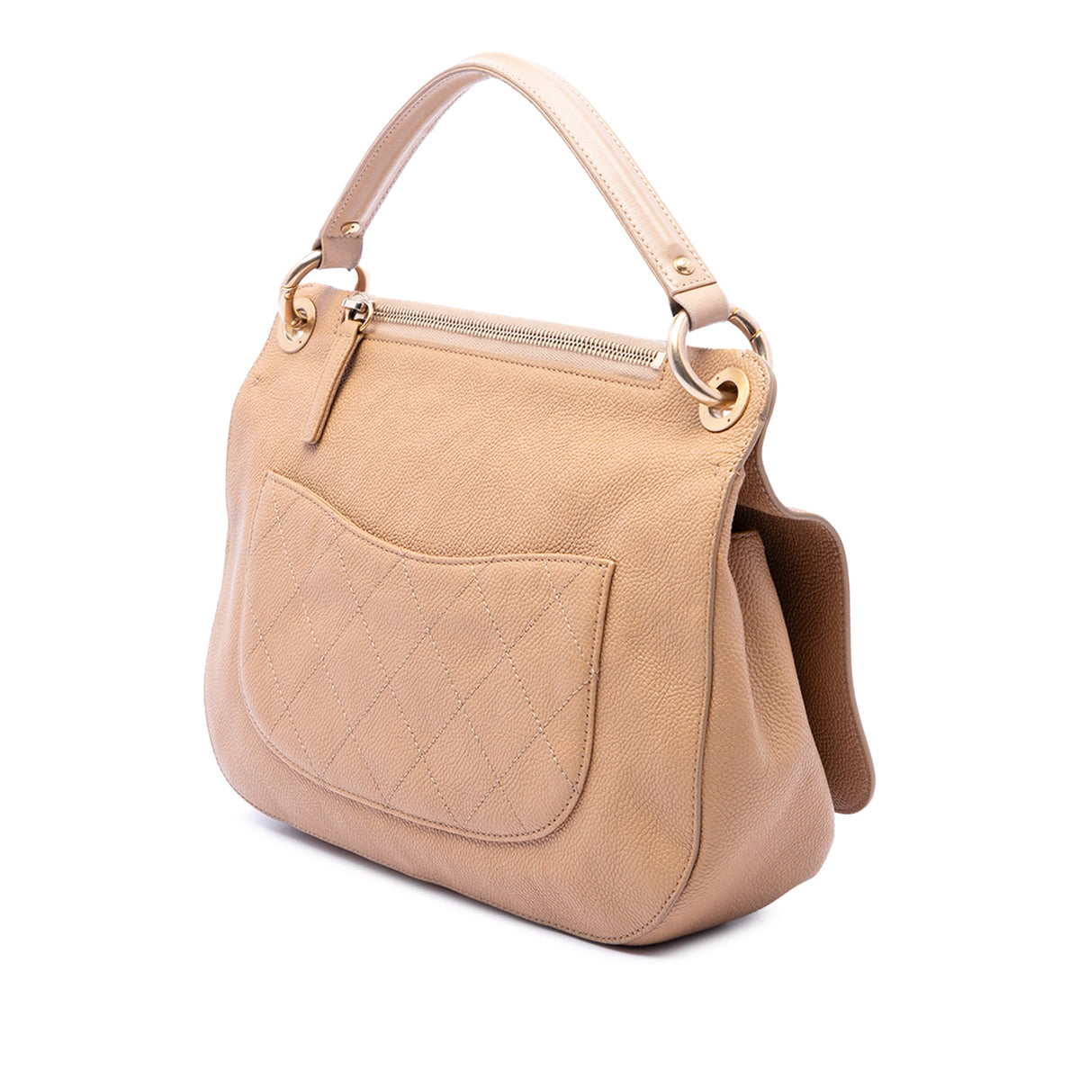 Chanel CC Stitched Caviar Turnlock Top Handle Flap — Beige