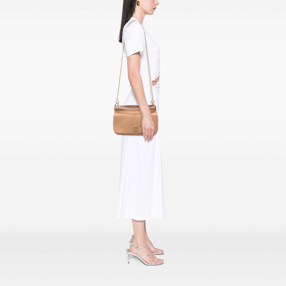 Chanel CC Stitched Caviar Turnlock Top Handle Flap — Beige