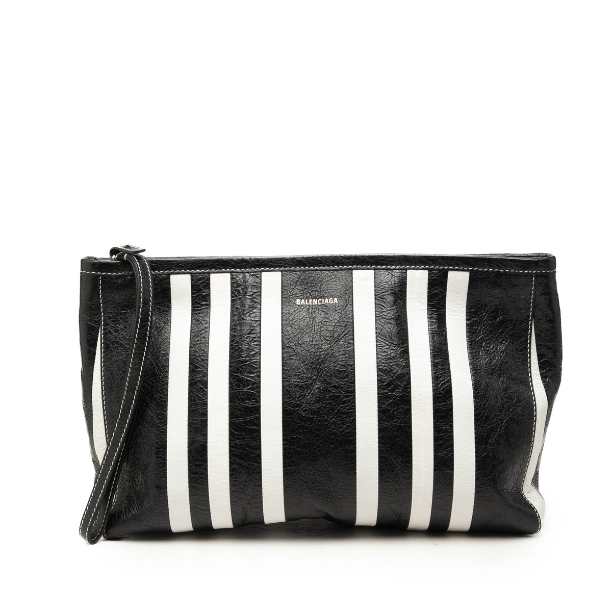 Balenciaga Small Lambskin Barbes Striped Patwork Zip Pouch — Black