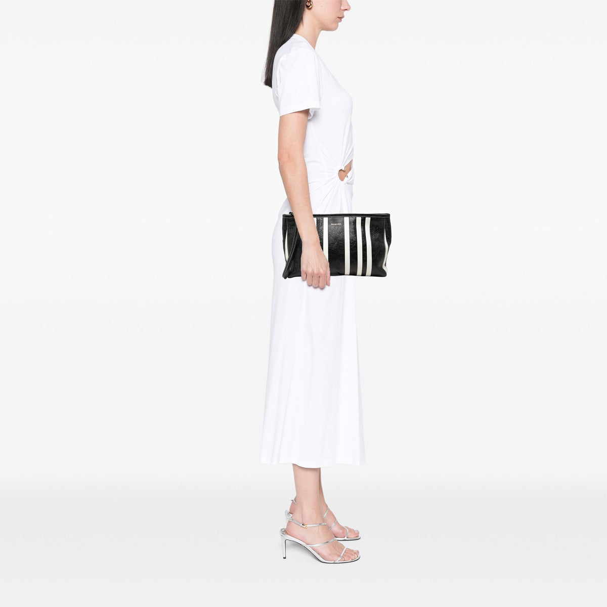 Balenciaga Small Lambskin Barbes Striped Patwork Zip Pouch — Black