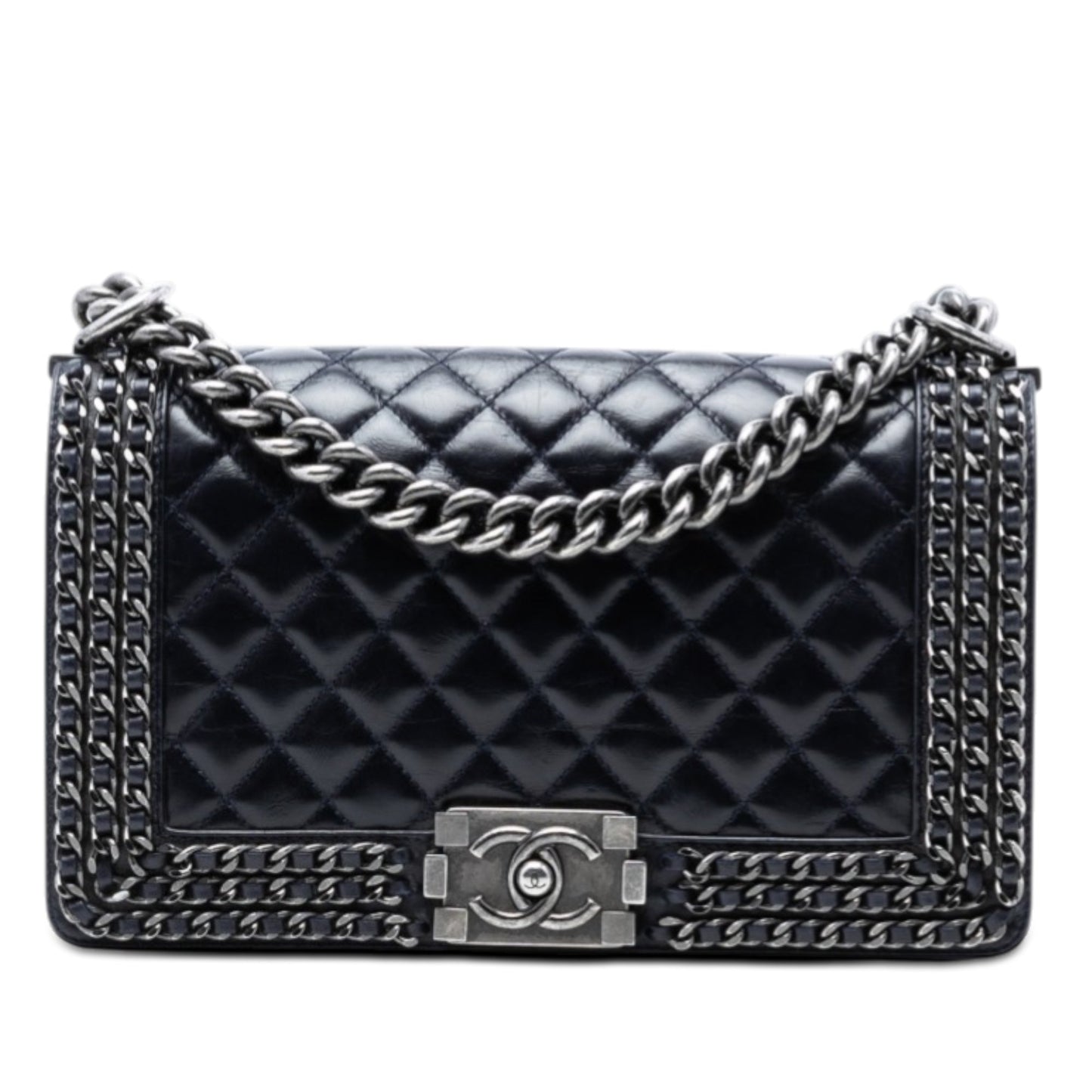 Old Medium Quilted Glazed Calfskin Chain Around Boy Flap