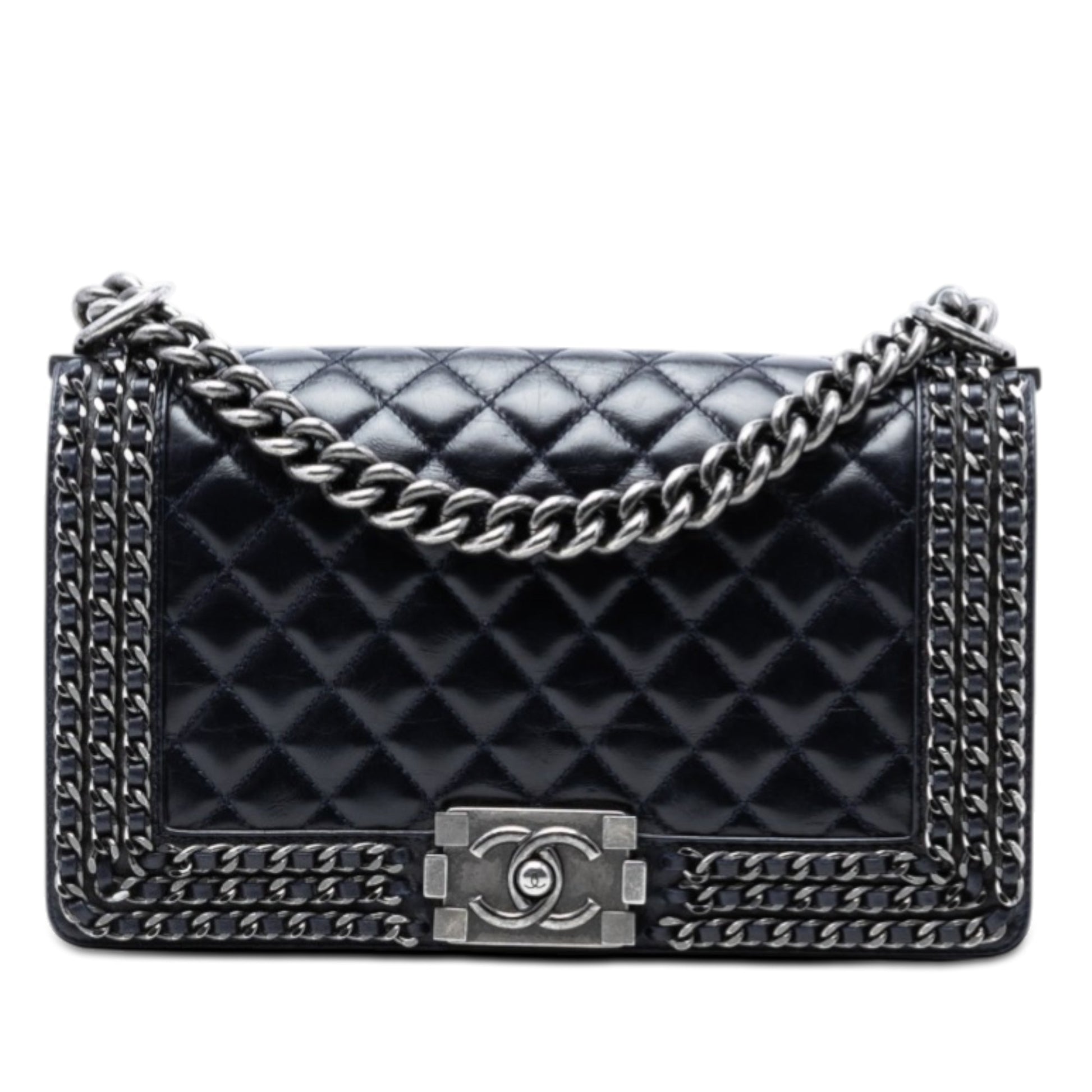 Old Medium Quilted Glazed Calfskin Chain Around Boy Flap