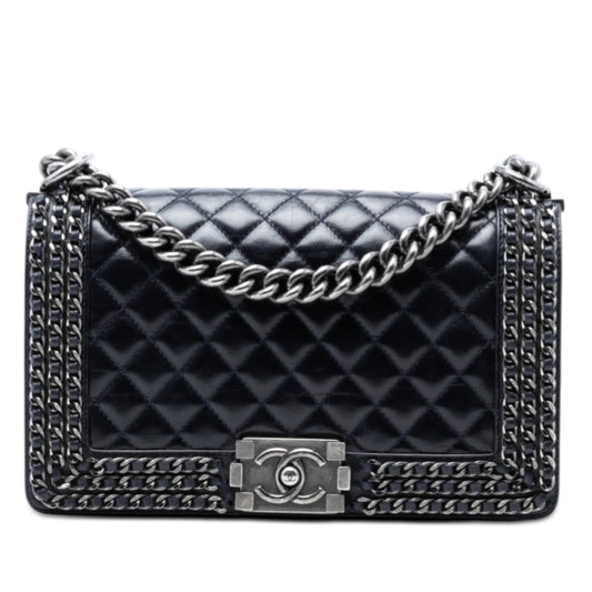 Old Medium Quilted Glazed Calfskin Chain Around Boy Flap