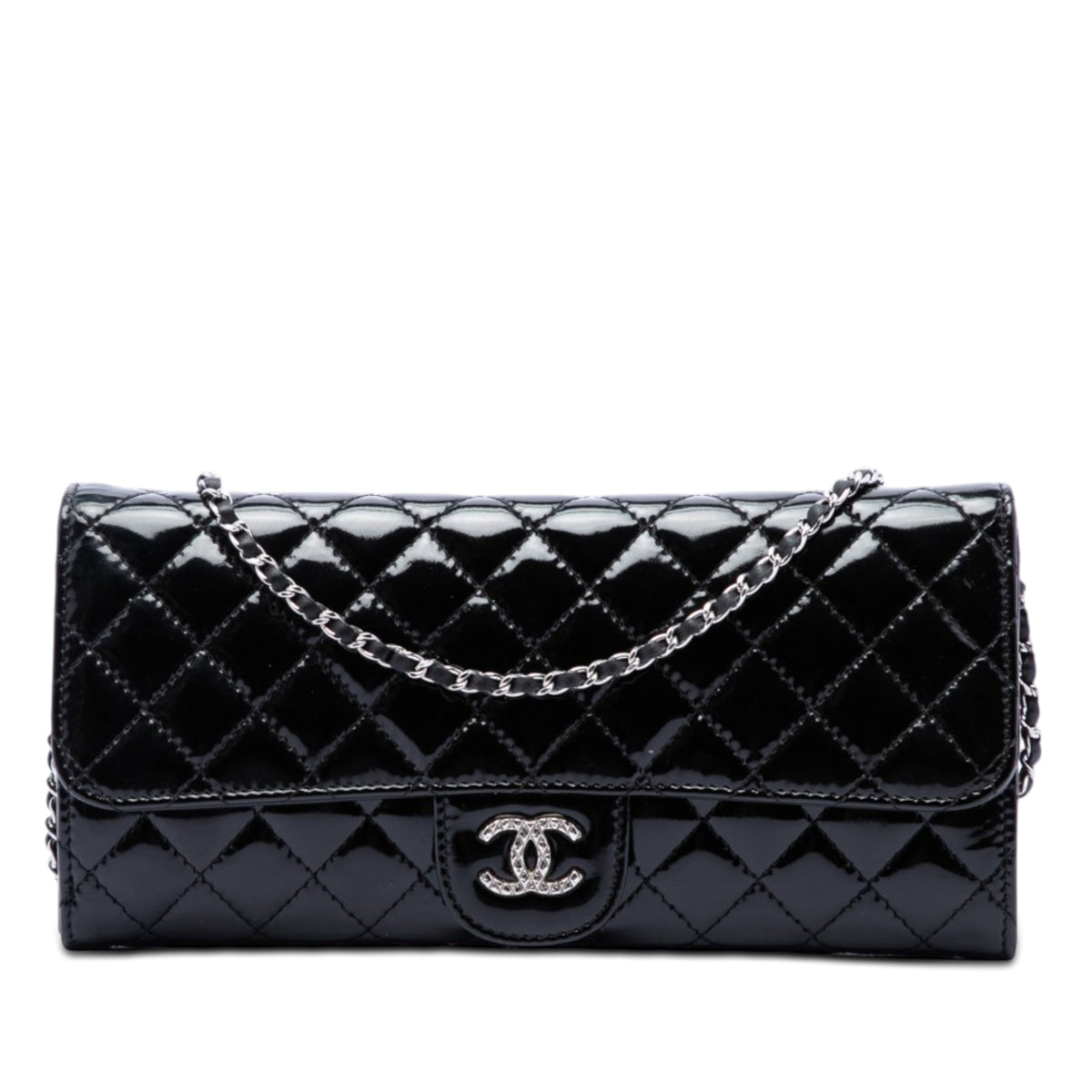 Chanel Quilted Patent Brilliant East West Flap Clutch with Chain