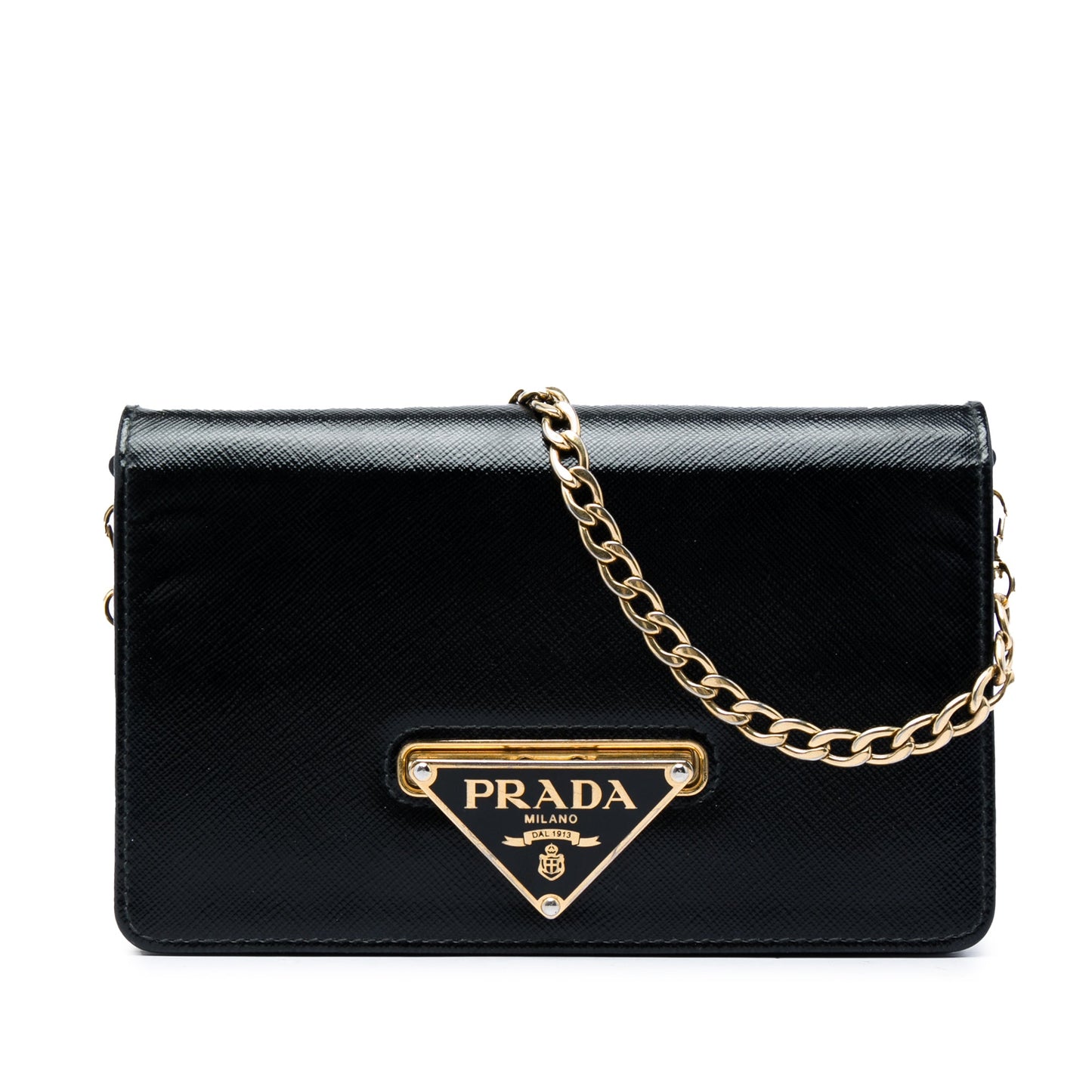 Prada Saffiano Vernice Flip Lock Wallet on Chain Clutch