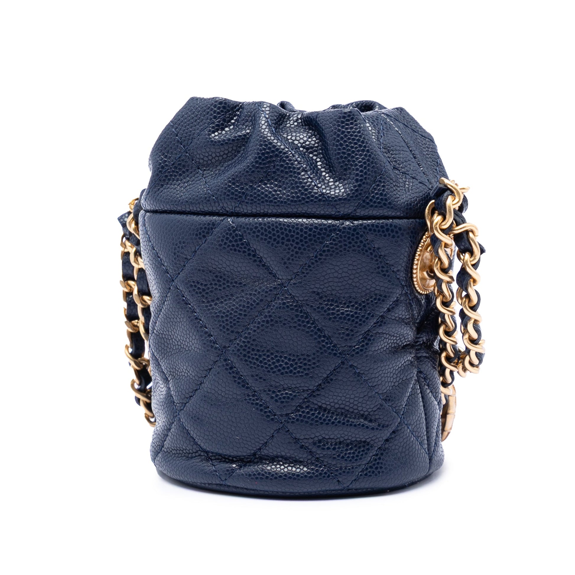 Chanel Mini Quilted Caviar Medallion Charms Drawstring Bucket Bag