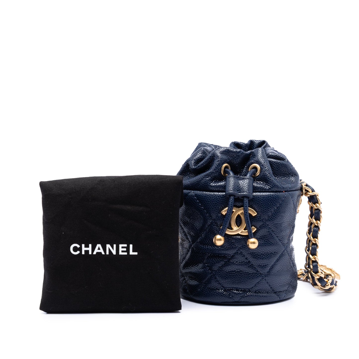 Chanel Mini Quilted Caviar Medallion Charms Drawstring Bucket Bag