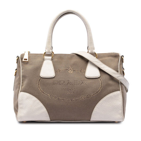 Prada Vitello Daino Trimmed Canvas Canapa Logo Satchel