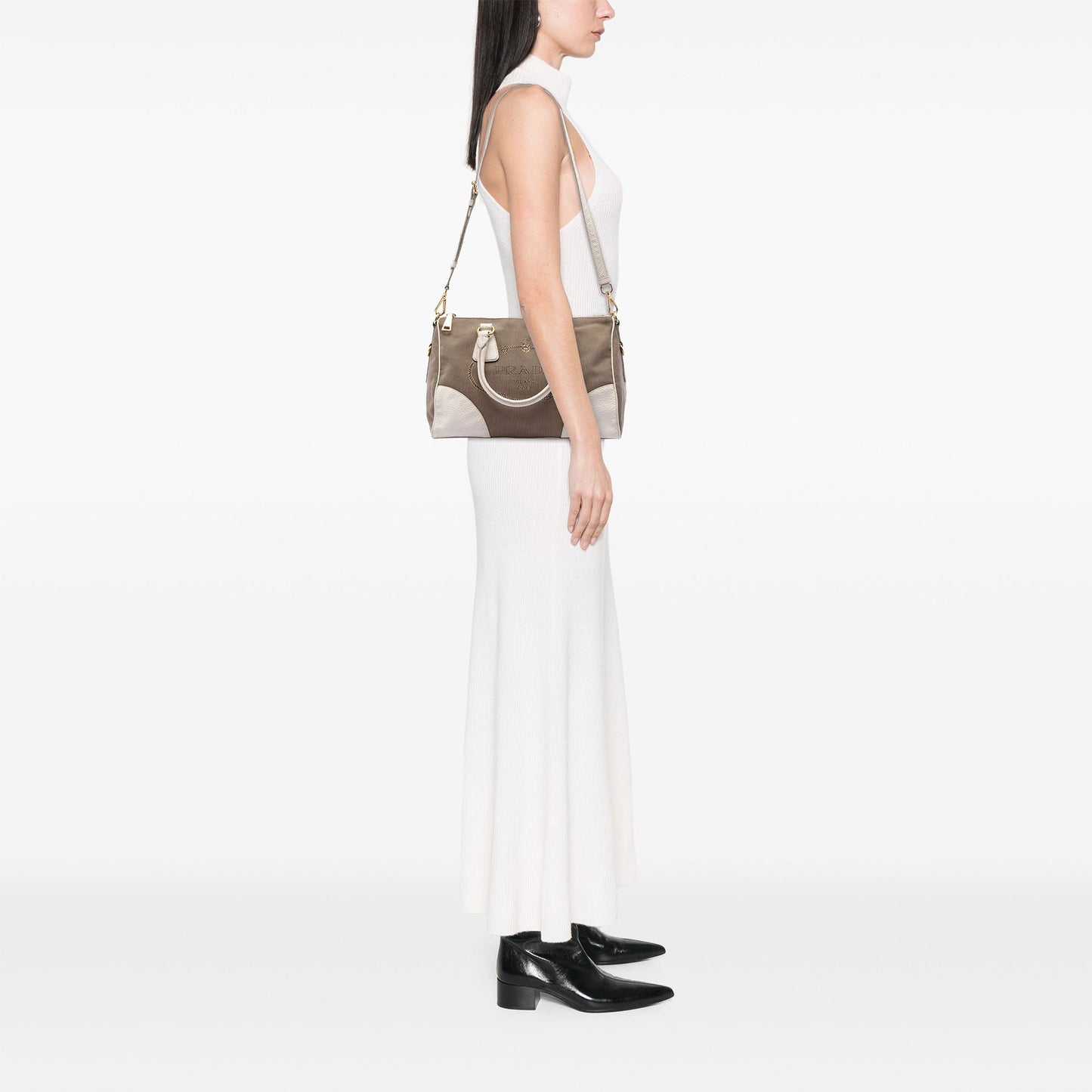 Prada Vitello Daino Trimmed Canvas Canapa Logo Satchel