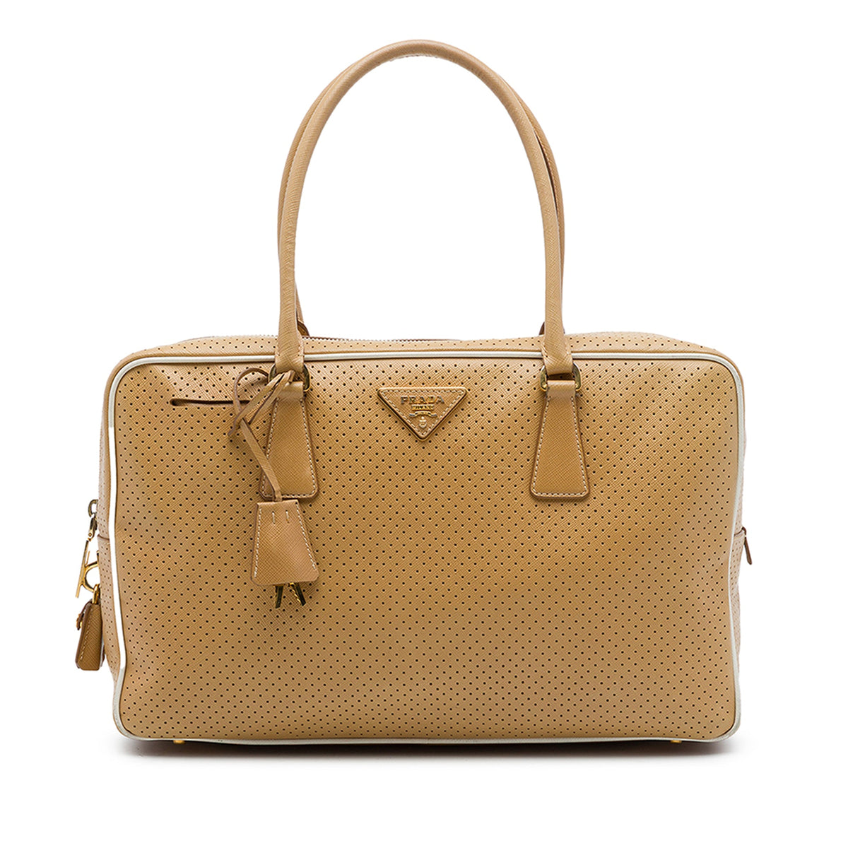Prada Perforated Saffiano Lux Bauletto Top Handle Bag — Brown