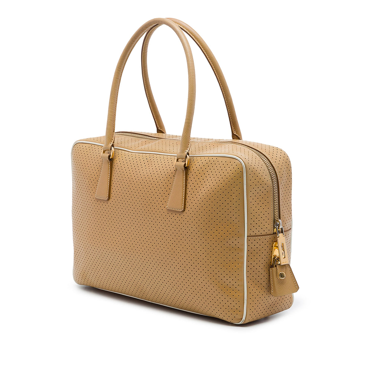 Prada Perforated Saffiano Lux Bauletto Top Handle Bag — Brown