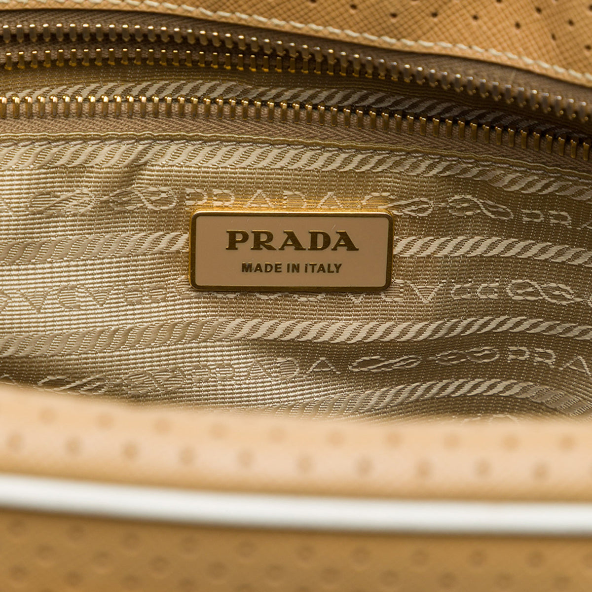 Prada Perforated Saffiano Lux Bauletto Top Handle Bag — Brown