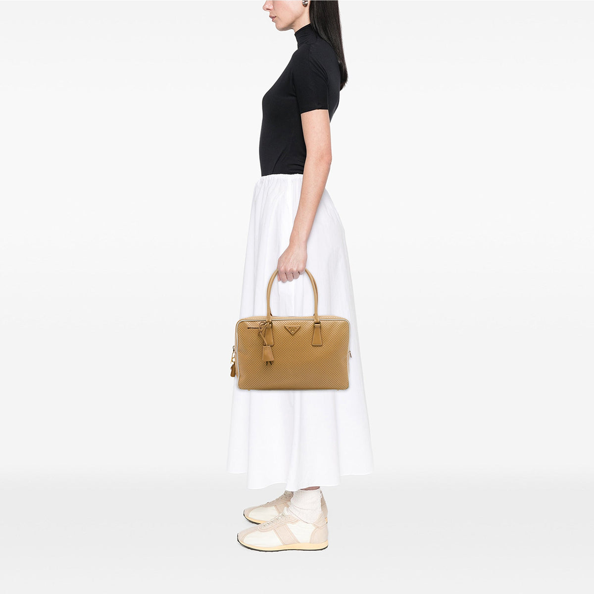 Prada Perforated Saffiano Lux Bauletto Top Handle Bag — Brown