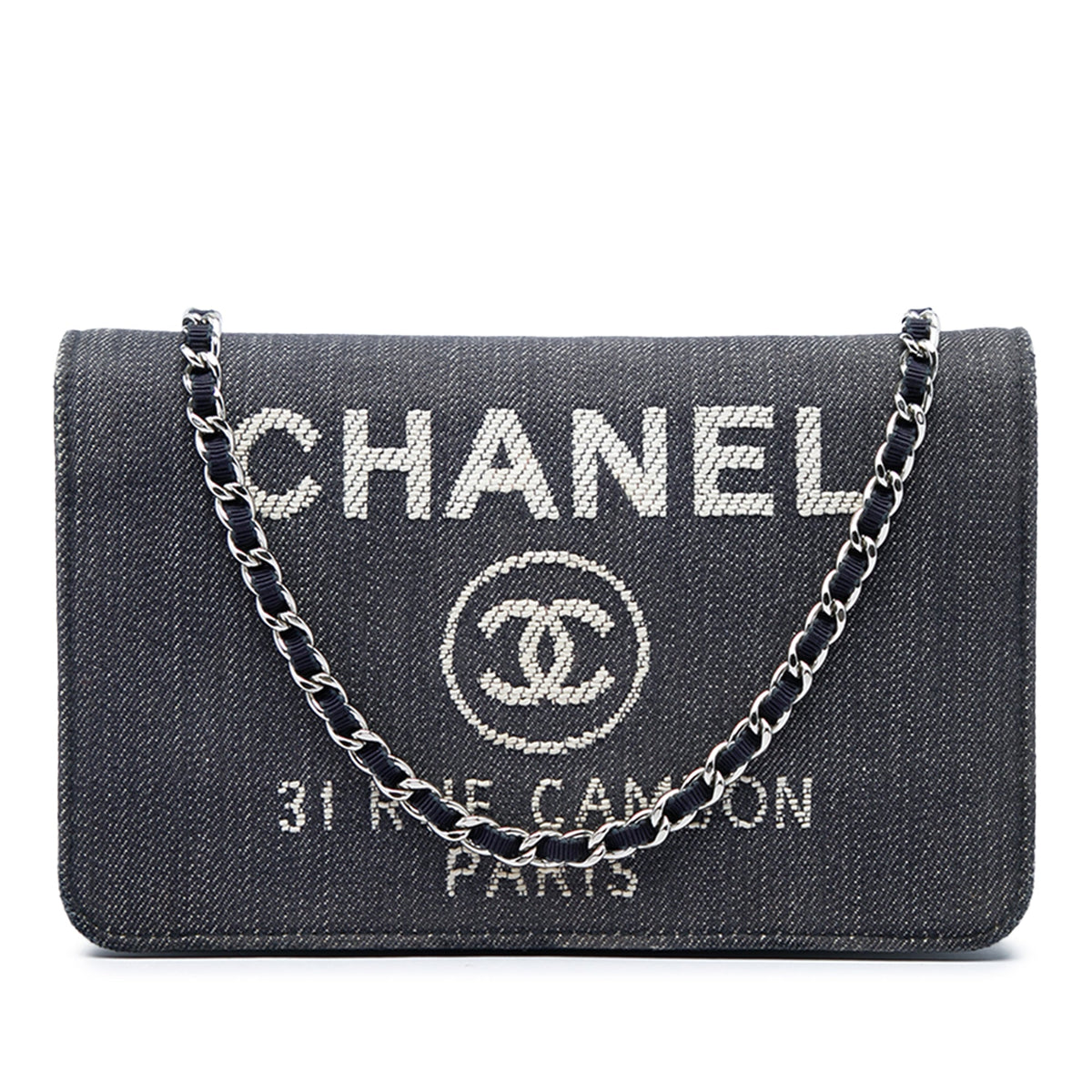 Chanel Denim Deauville Wallet On Chain — Blue