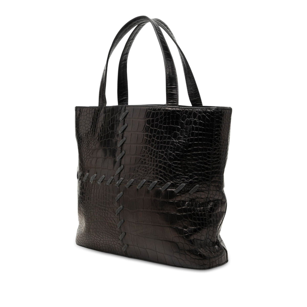 Saint Laurent Croc Embossed Leather Tote — Black