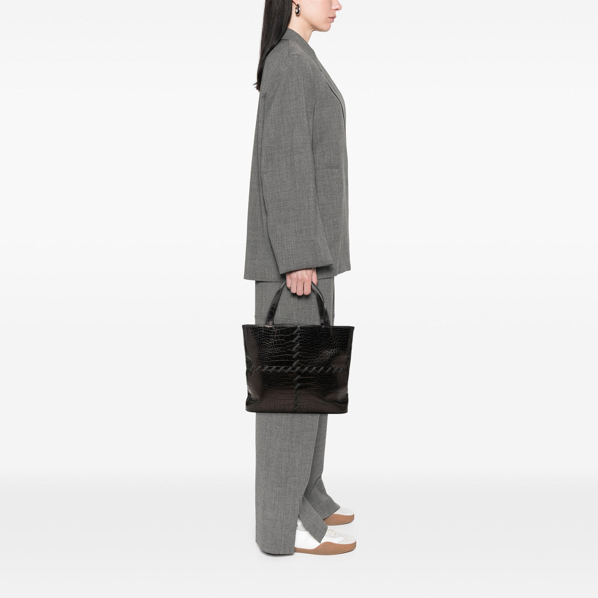 Saint Laurent Croc Embossed Leather Tote — Black