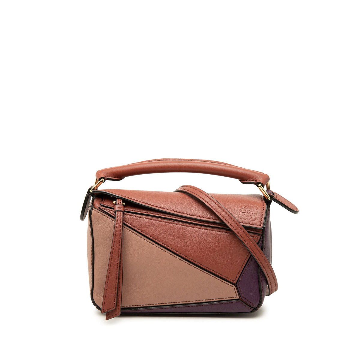 LOEWE Mini Tricolor Calfskin Puzzle Satchel — Brown