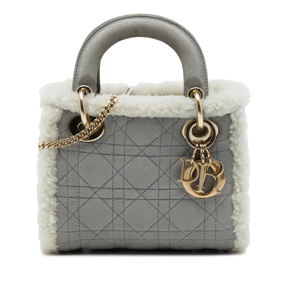 Dior Mini Shearling Trimmed Suede Cannage Lady Dior — Gray