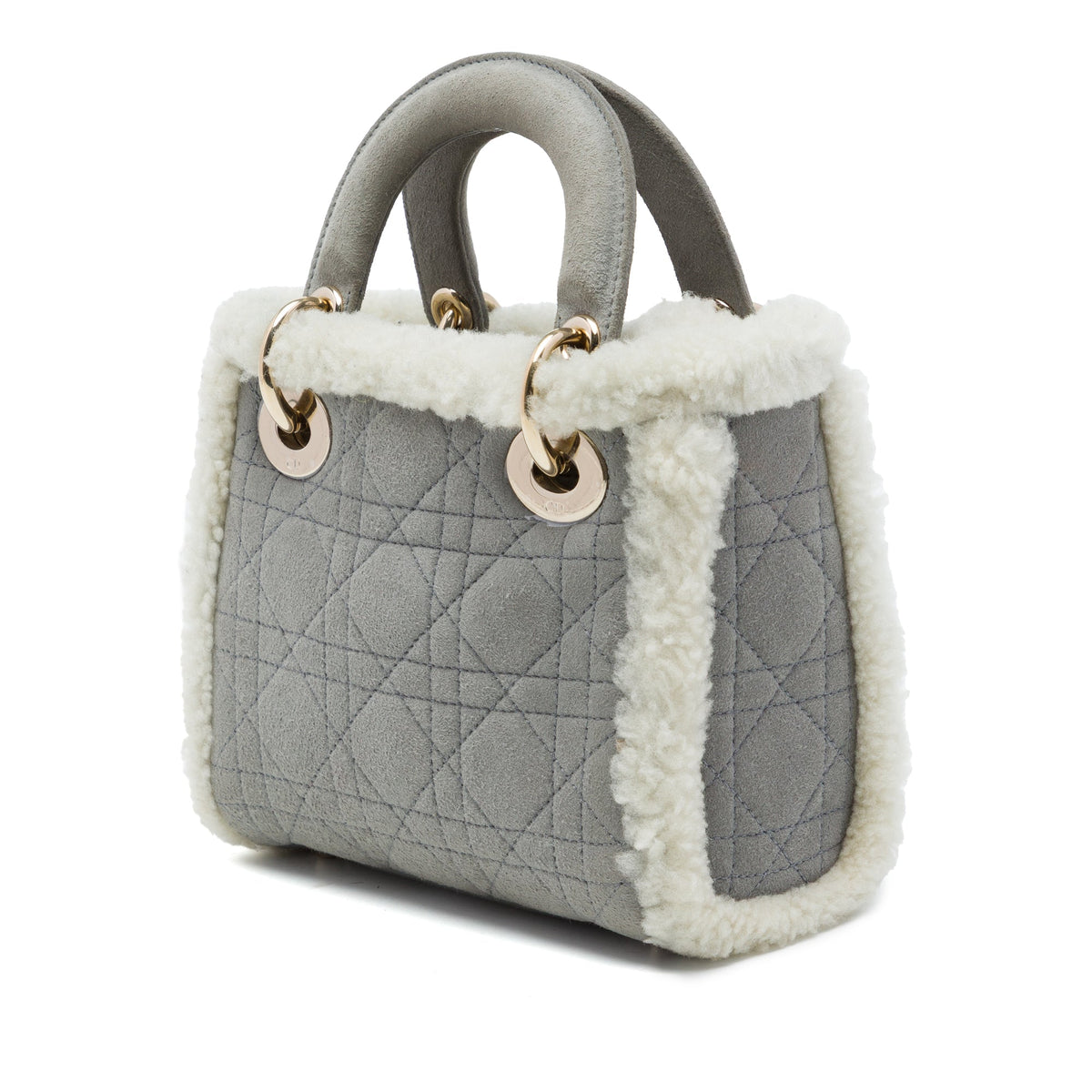 Dior Mini Shearling Trimmed Suede Cannage Lady Dior — Gray
