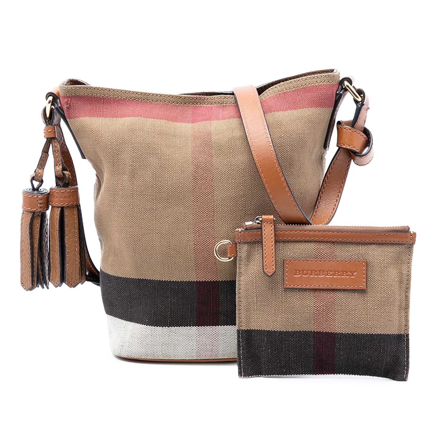 Burberry Mini Mega Check Canvas Ashby Tassel Bucket Bag