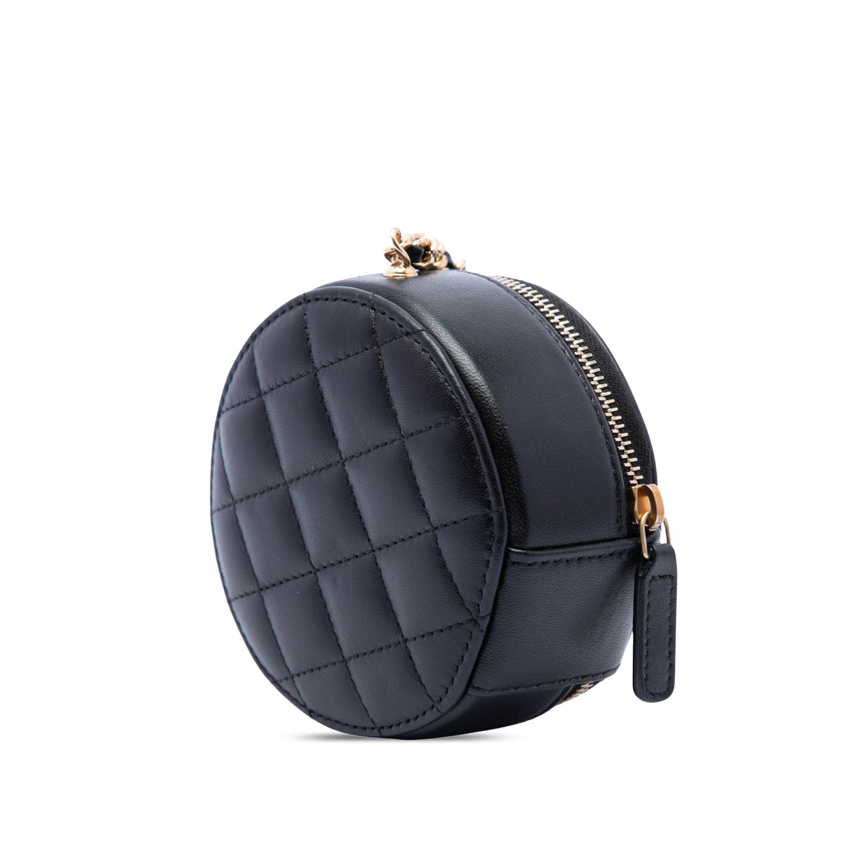 Chanel CC Lambskin and Metal Camellia Round Clutch with Chain
