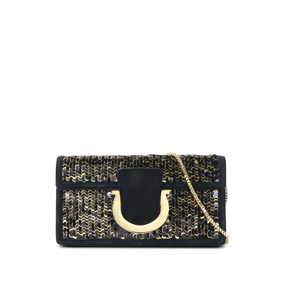 Ferragamo Sequin Embellished Satin Gancini Thalia Shoulder Bag — Black