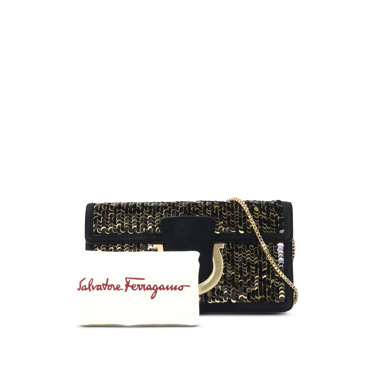 Ferragamo Sequin Embellished Satin Gancini Thalia Shoulder Bag — Black