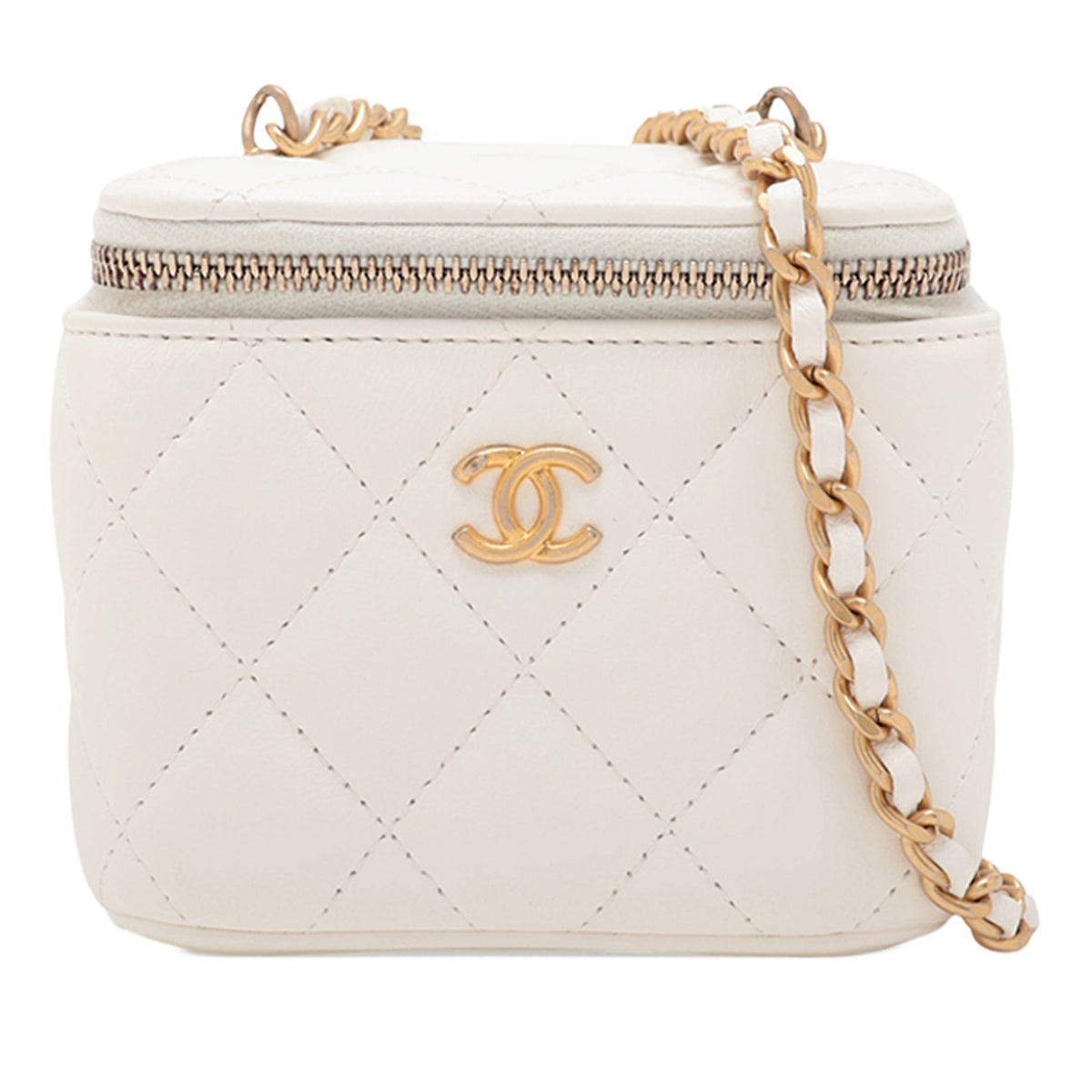 Chanel Mini CC Quilted Lambskin Pearl Crush Vanity Case With Chain — White