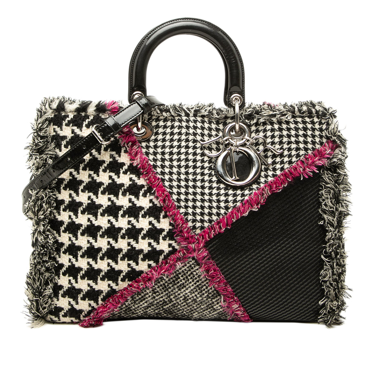 Dior Limited Edition Large Tweed Houndstooth Patchwork Diorissimo Satchel — Black