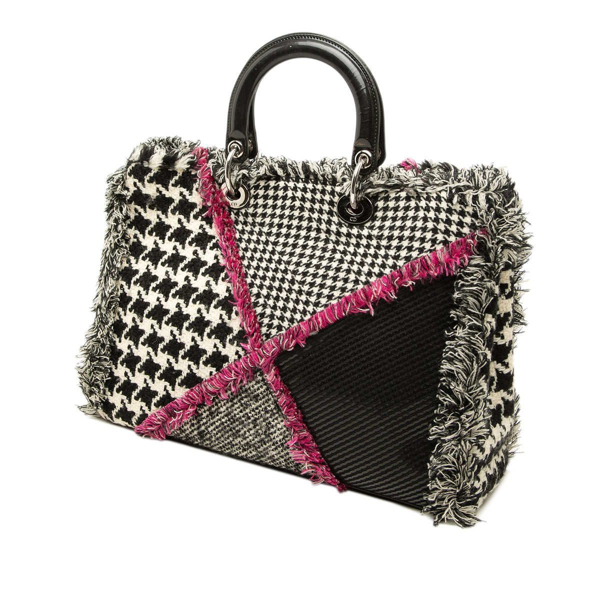 Dior Limited Edition Large Tweed Houndstooth Patchwork Diorissimo Satchel — Black
