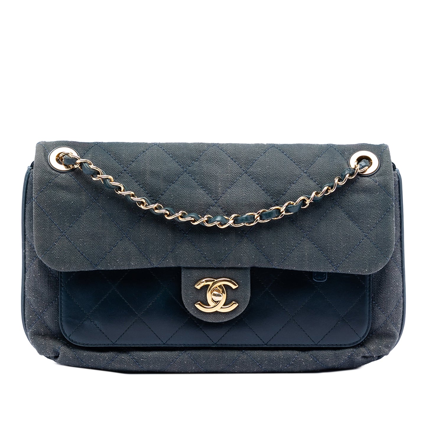 CC Quilted Denim and Calfskin Front Pocket Single Flap