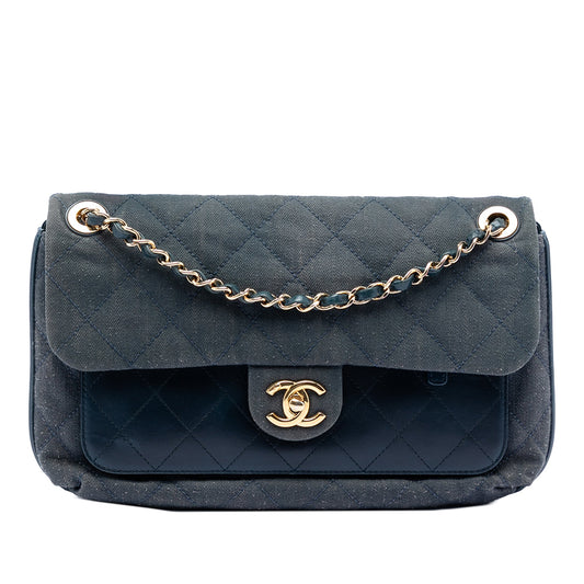 CC Quilted Denim and Calfskin Front Pocket Single Flap